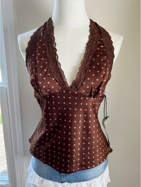 NWT Sans Souci Brown & Pink Polka Dot Satin Halter Top